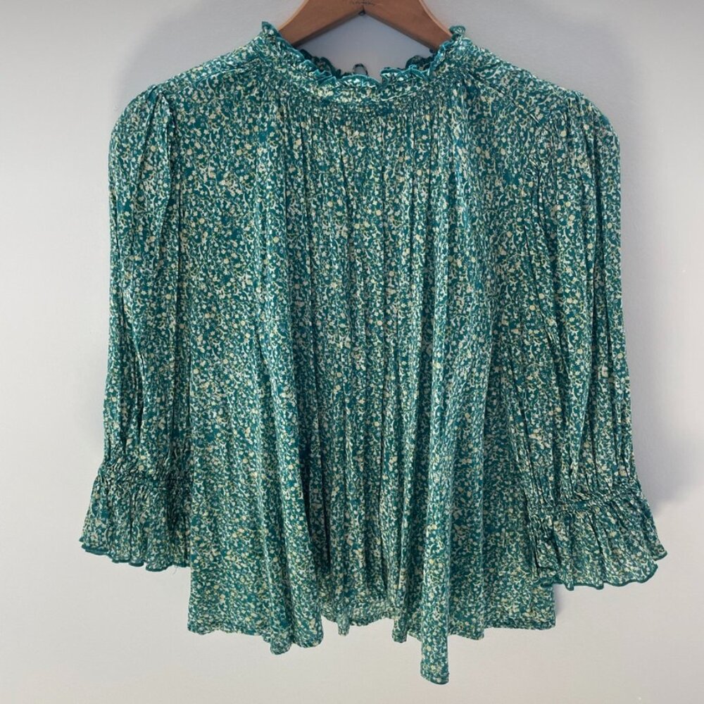 Free People Peasant Top Puff Sleeve Green Floral Keyhole Back Blouse Size S
